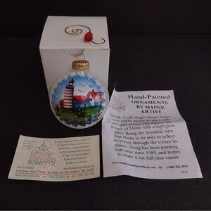 Hand Painted Glass Ornament By Maine Artist Signed Doug 2016 Lighthouse Seagulls